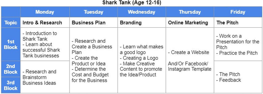 sample schedule of trinityscholar's shark tank course for age 12-16