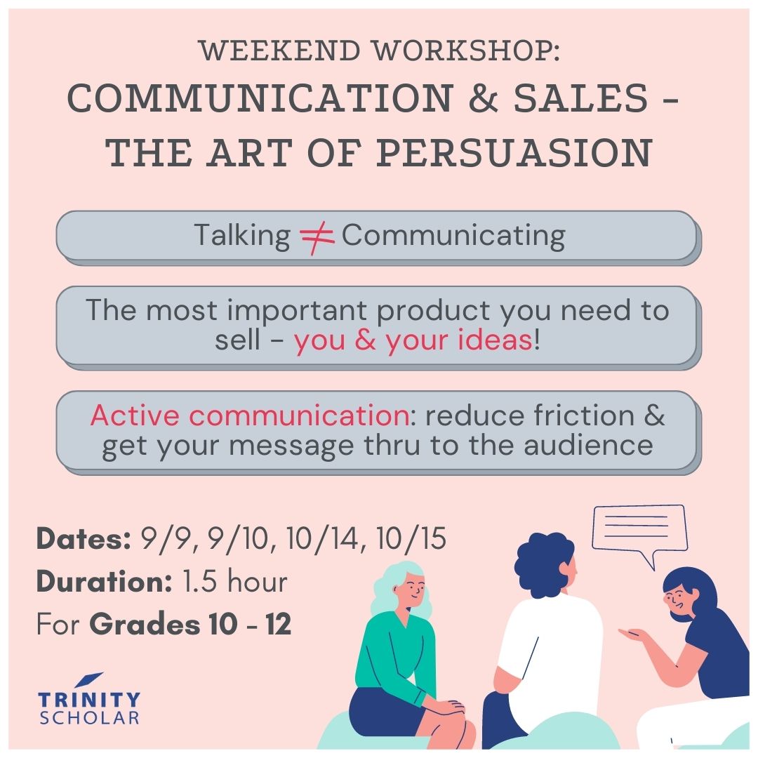 Communication and sales skills can be incredibly beneficial for high school students in several ways. Join the workshop to enhance your skills or communication, sales, and persuasion.